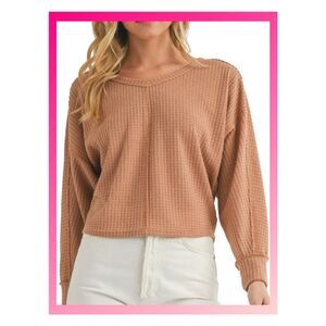 NWT Lush Favorite Long Sleeve Waffle Knit Brown Crop Sweater Size Small 2-4